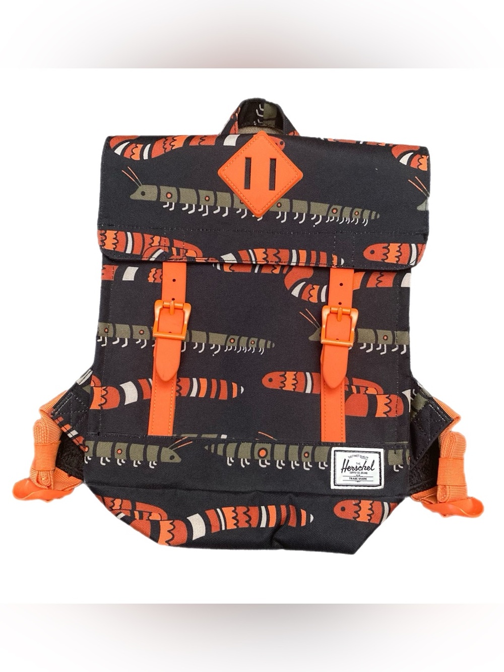 Kids Size Herschel Backpack adorable bug snake print black orage green